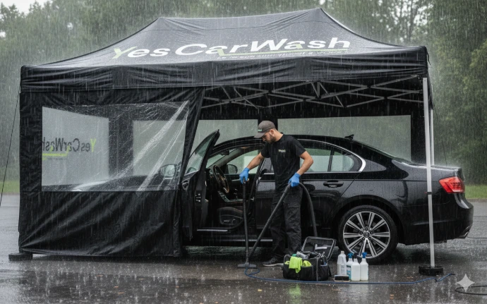 Nettoyage véhicule sous la pluie avec Barnum
